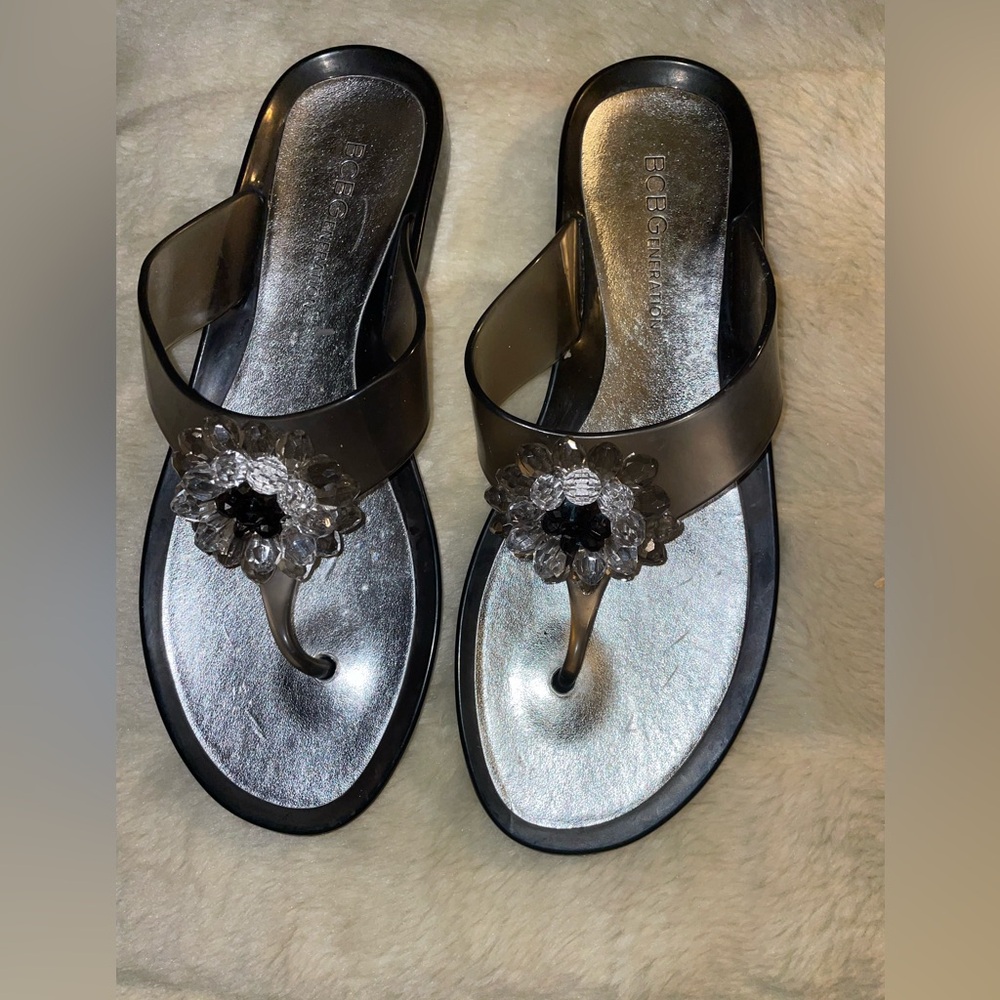 BCBGeneration Silver Footbed Gray Smoke Jeweled Thong Sandals